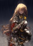  android bangs brown_hair commentary damaged dirty eyebrows_visible_through_hair floating_hair from_side girls_frontline gloves hair_between_eyes hair_ornament headgear holding_arm jacket long_hair looking_at_viewer night one_eye_closed one_side_up open_mouth outdoors parts_exposed rain reflection ripples scar scar_across_eye silence_girl smile spoilers torn_clothes ump45_(girls_frontline) very_long_hair wind wind_lift yellow_eyes 
