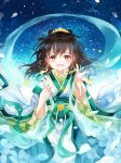  1boy :d black_hair blue_background blue_sky brown_eyes earrings japanese_clothes jewelry kimono looking_at_viewer male_focus medium_hair minami_mofuko night night_sky official_art open_mouth outsie outstretched_hand rakkami! sky smile standing wide_sleeves 