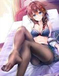  ahoge ass bag bangs black_legwear blue_bra blue_eyes blush bra braid breasts brown_hair cleavage closed_mouth collarbone commentary_request crossed_legs crotch_seam curtains evening eyebrows_visible_through_hair feet hair_flaps hair_ornament head_tilt indoors kantai_collection kotatsu_(kotatsu358) large_breasts light_particles long_hair looking_at_viewer lying navel no_shoes off_shoulder on_back on_bed panties panties_under_pantyhose pantyhose pillow remodel_(kantai_collection) shigure_(kantai_collection) sidelocks smile solo stomach thighband_pantyhose toes underwear white_panties window 