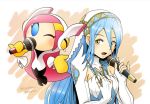  anklet aqua_(fire_emblem_if) blue_hair dress elbow_gloves fingerless_gloves fire_emblem fire_emblem_heroes fire_emblem_if gloves hair_between_eyes hairband jewelry kirby:_planet_robobot kirby_(series) long_hair looking_at_viewer microphone multiple_girls one_eye_closed open_mouth sayoyonsayoyo simple_background smile susie_(kirby) veil very_long_hair yellow_eyes 