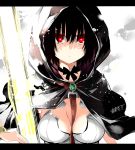  :o asakura_ryousuke bangs between_breasts black_choker black_hair breasts capelet choker cleavage fate/grand_order fate_(series) hair_between_eyes highres hood hood_up looking_at_viewer medium_breasts open_mouth ortlinde_(fate/grand_order) red_eyes short_hair solo upper_body valkyrie_(fate/grand_order) 