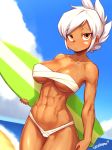  abs artist_name bikini blue_sky blush breasts closed_mouth cloud collarbone dark_skin day highres large_breasts league_of_legends looking_at_viewer muscle muscular_female navel nestkeeper ocean orange_eyes riven_(league_of_legends) short_hair sky solo swimsuit tan toned white_bikini white_hair 
