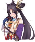  :d armor bangs bare_shoulders black_hair black_hat blue_eyes blue_gloves blush bottle breasts cropped_torso detached_collar detached_sleeves eyebrows_visible_through_hair facial_mark fate/grand_order fate_(series) forehead_mark gloves hair_bun hair_ornament hand_up hat head_tilt japanese_armor katana kusazuri long_hair long_sleeves looking_at_viewer mismatched_sleeves nose_blush open_mouth parted_bangs pom_pom_(clothes) pommel_tassel rope scabbard sheath sheathed side_ponytail sideboob simple_background small_breasts smile solo sword tassel thick_eyebrows twitter_username upper_body ushiwakamaru_(fate/grand_order) weapon white_background wide_sleeves yukihama 