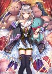  :d blue_dress blue_ribbon copyright_name dress goblin hair_ribbon hand_on_own_chest heart interitio looking_at_viewer official_art on_bed open_mouth pink_eyes ribbon sid_story silver_hair smile solo stuffed_animal stuffed_toy teddy_bear thighhighs 