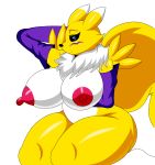  armwear big_breasts black_sclera breasts clothing digimon elbow_gloves female gloves huge_breasts itisjoidok long_nipples renamon solo yellow_skin 