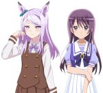  :| animal_ears arm_at_side blue_bow bow brown_skirt closed_mouth comic_girls cosplay costume_switch cp9a hair_bow hand_in_hair hand_up holding_own_arm horse_ears irokawa_ruki lavender_eyes lavender_hair long_hair long_sleeves looking_at_viewer mejiro_mcqueen multiple_girls oonishi_saori purple_bow purple_eyes purple_hair school_uniform season_connection seiyuu_connection serafuku short_sleeves skirt smile umamusume upper_body white_skirt 