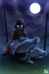  breasts clothing female fence gloves glowing glowing_eyes gretel hood looking_at_viewer machine moon night outside pokilewd pose robot sitting solo star timesplitters under_boob 