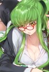  all_fours alternate_costume bangs bent_over black_skirt breasts business_suit c.c. cleavage code_geass collarbone collared_shirt covered_nipples creayus cropped dress_shirt eyebrows_visible_through_hair formal glasses green_hair hanging_breasts jacket large_breasts long_hair lying miniskirt office_lady on_stomach parted_lips pencil_skirt ponytail pursed_lips red-framed_eyewear revision shirt sidelocks skirt skirt_suit solo suit thighs yellow_eyes 
