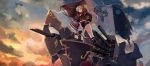  armor azur_lane blonde_hair boots breasts cannon flag high_heels highres jean_bart_(azur_lane) long_hair medium_breasts midriff military military_uniform mismatched_footwear mismatched_legwear palamecia_(msndeath) ponytail red_eyes short_shorts shorts striped striped_legwear sunset uniform weapon 