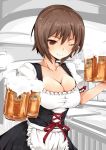  alcohol animal_print apron bangs bear_print beer beer_mug black_dress boko_(girls_und_panzer) breasts brown_eyes brown_hair cleavage closed_mouth commentary corset cup dirndl dress frilled_apron frilled_dress frills froth german_clothes girls_und_panzer hanchou_(shirokun555) holding holding_cup indoors large_breasts looking_at_viewer nishizumi_maho one_eye_closed partially_colored puffy_short_sleeves puffy_sleeves short_hair short_sleeves smile solo standing upper_body waist_apron white_apron 