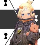  abigail_williams_(fate/grand_order) absurdres alternate_hairstyle bandaid_on_forehead bangs belt black_bow black_jacket blonde_hair blue_eyes bow closed_mouth commentary_request fate/grand_order fate_(series) forehead grey_background hair_bow hair_bun heroic_spirit_traveling_outfit high_collar highres holding holding_stuffed_animal jacket keyhole long_hair looking_at_viewer orange_bow parted_bangs polka_dot polka_dot_bow ryou_(ponpgo) sleeves_past_fingers sleeves_past_wrists solo stuffed_animal stuffed_toy teddy_bear two-tone_background white_background 
