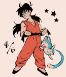  :d animal belt black_eyes black_footwear black_hair clenched_hands commentary_request dated denkome dougi dragon_ball dragon_ball_z floating full_body long_hair looking_away male_focus muscle number number_pun open_mouth pink_background puar simple_background sleeveless smile spiked_hair star tail yamcha 
