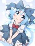  ahoge alternate_hair_ornament blue_dress blue_eyes blue_hair blue_ribbon cirno commentary_request do_(4-rt) dress eyebrows_visible_through_hair fang hair_between_eyes hair_ribbon highres ice ice_wings parted_lips puffy_short_sleeves puffy_sleeves ribbon short_hair short_sleeves sitting solo touhou wings 