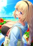  :d bag bangs bikini black_bikini black_hairband blonde_hair blue_eyes blue_innertube blue_jacket blue_sky blurry blurry_background blush braid breasts cleavage cloud commentary_request day depth_of_field eyebrows_visible_through_hair fate/grand_order fate_(series) flower hair_between_eyes hairband head_tilt highres hood hood_down hooded_jacket innertube jacket jeanne_d'arc_(fate)_(all) jeanne_d'arc_(swimsuit_archer) jiiwara large_breasts long_hair looking_at_viewer looking_to_the_side open_clothes open_jacket open_mouth outdoors red_flower skindentation sky smile solo swimsuit very_long_hair 