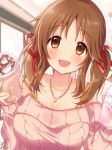  :d arms_up bangs blush bra bra_strap breasts brown_hair ceiling cleavage coffee coffee_cup collarbone cup disposable_cup dot_nose eyebrows_visible_through_hair hair_ribbon heart heart_necklace holding holding_cup idolmaster idolmaster_cinderella_girls indoors jewelry large_breasts looking_at_viewer low_twintails medium_hair necklace off_shoulder omuretsu open_mouth pendant pink_sweater red_ribbon ribbed_sweater ribbon sidelocks signature smile solo strap_slip sweater tareme totoki_airi twintails underwear upper_body whipped_cream window yellow_bra yellow_eyes 