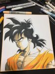  black_eyes black_hair chest close-up commentary_request dougi dragon_ball dragon_ball_z expressionless face frown graphite_(medium) highres lee_(dragon_garou) long_hair looking_away male_focus marker_(medium) mechanical_pencil muscle paper pencil photo serious shikishi short_hair simple_background solo spiked_hair traditional_media upper_body white_background yamcha 