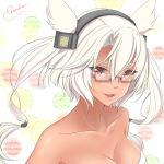  blonde_hair blush breasts chou2 commentary_request dark_skin eyebrows_visible_through_hair fruit_background glasses hair_between_eyes headgear kantai_collection large_breasts looking_at_viewer musashi_(kantai_collection) open_mouth pointy_hair red_eyes short_hair_with_long_locks smile solo twitter_username two_side_up 