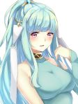  alternate_hairstyle aone_hiiro aqua_hair bare_shoulders blush breasts bridal_gauntlets collarbone dress fire_emblem fire_emblem:_rekka_no_ken hair_ornament halterneck looking_at_viewer medium_breasts ninian open_mouth ponytail red_eyes simple_background smile solo upper_body white_background 