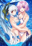  aqua_hair ass asymmetrical_docking bikini blue_bikini blue_sky bow breast_press breasts cleavage cloud cowboy_shot day dragon_girl dragon_horns fate/grand_order fate_(series) frilled_bikini frills hair_over_one_eye highres horizon horns hug kiyohime_(fate/grand_order) kiyohime_(swimsuit_lancer)_(fate) long_hair mash_kyrielight medium_breasts morizono_shiki multiple_girls ocean outdoors ponytail purple_eyes purple_hair red_eyes short_hair side-tie_bikini sky swimsuit water white_bikini white_hair yellow_bow yellow_eyes 