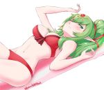  bikini chiki commentary fire_emblem fire_emblem:_kakusei fire_emblem:_monshou_no_nazo fire_emblem_heroes green_eyes green_hair grimmelsdathird hair_ribbon highres long_hair lying mamkute on_back one_eye_closed pointy_ears ponytail red_bikini red_ribbon ribbon simple_background solo swimsuit tiara towel twitter_username white_background 