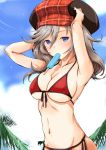  adjusting_hat alisa_ilinichina_amiella arms_up bikini blue_eyes blue_sky blurry blurry_background blush breasts brown_hair cabbie_hat cloud cloudy_sky commentary_request day depth_of_field droplet food front-tie_bikini front-tie_top god_eater hanchou_(shirokun555) hat medium_breasts mouth_hold navel outdoors palm_tree plaid_hat popsicle red_bikini red_hat side-tie_bikini sky sweat swimsuit tree upper_body 