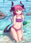  :d absurdres animal asymmetrical_horns bangs bare_legs bare_shoulders barefoot bikini black_ribbon blue_eyes blush collarbone commentary_request curled_horns day dragon_girl dragon_horns dragon_tail elizabeth_bathory_(fate) elizabeth_bathory_(fate)_(all) eyebrows_visible_through_hair fang fate/extra fate/extra_ccc fate_(series) frilled_bikini frills hair_between_eyes hair_ribbon halter_top halterneck highres horns kneeling long_hair navel open_mouth outdoors pink_hair polka_dot polka_dot_bikini purple_bikini ribbon rock smile sog-igeobughae solo swimsuit tail turtle two_side_up v-shaped_eyebrows very_long_hair water 