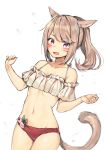  animal_ears bangs bare_shoulders bikini brown_hair cat_ears cat_girl cat_tail collarbone commentary_request dutch_angle eyebrows_visible_through_hair facial_mark final_fantasy final_fantasy_xiv halter_top halterneck hands_up long_hair looking_at_viewer midorikawa_you miqo'te navel off_shoulder open_mouth ponytail purple_eyes red_bikini_bottom sidelocks simple_background solo stomach swimsuit tail tail_raised water_drop white_background white_bikini_top 