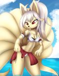  2018 anthro armlet blonde_hair breasts canine cleavage clothed clothing digital_media_(artwork) female fully_clothed fur hair long_hair looking_down mammal medium_breasts multi_tail ninetales nintendo outside panties panty_shot pok&eacute;mon pok&eacute;mon_(species) ponytail red_eyes rilex_lenov sad shirt skimpy skirt sky solo standing underwear video_games water wet 