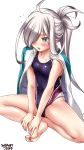  asashimo_(kantai_collection) barefoot blue_swimsuit blush collarbone competition_swimsuit dated eyebrows_visible_through_hair feet flat_chest grey_eyes grey_hair hair_over_one_eye highres indian_style jacket kantai_collection long_hair one-piece_swimsuit open_mouth ponytail sharp_teeth silver_hair simple_background sitting soles solo swimsuit teeth toes tsuchimiya white_background white_jacket 