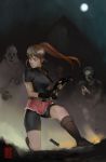  belt bike_shorts bike_shorts_under_shorts brown_hair claire_redfield cutoffs gun handgun letsplaygods long_hair looking_back magazine_(weapon) multiple_boys one_knee pistol ponytail reloading resident_evil resident_evil_2 shorts third-party_source weapon zombie 