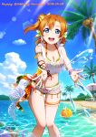  :d beach bikini blue_eyes blue_sky bow breasts brown_hair cleavage cloud collarbone day earrings floating_hair green_bikini hair_between_eyes hair_bow happy_birthday ink_(pixiv25450915) jewelry kousaka_honoka lens_flare looking_at_viewer love_live! love_live!_school_idol_festival love_live!_school_idol_project medium_breasts ocean open_mouth outdoors palm_tree short_hair side_ponytail sky smile solo standing sunlight swimsuit thigh_strap tree wading yellow_bow 
