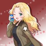  ;d bad_id bad_pixiv_id black_shirt blonde_hair blue_eyes brown_jacket can can_to_cheek commentary emblem eyebrows_visible_through_hair from_side girls_und_panzer gradient gradient_background hair_intakes holding holding_can jacket kakuzatou_(boxxxsugar) kay_(girls_und_panzer) long_hair long_sleeves looking_at_viewer military military_uniform one_eye_closed open_mouth red_background saunders_military_uniform shadow shirt smile solo standing star starry_background twitter_username uniform upper_body 