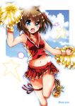  :d blue_eyes blue_sky brown_hair cheerleader cloud cloudy_sky commentary_request crop_top crop_top_overhang cross-laced_footwear eyebrows_visible_through_hair green_legwear hair_ornament hairclip holding leg_up legs looking_at_viewer lyrical_nanoha mahou_shoujo_lyrical_nanoha mahou_shoujo_lyrical_nanoha_a's midriff miniskirt navel open_mouth pom_poms red_footwear red_shirt san-pon shirt short_hair skirt sky sleeveless sleeveless_shirt smile socks solo standing standing_on_one_leg star thigh_gap thigh_strap twitter_username wristband x_hair_ornament yagami_hayate 