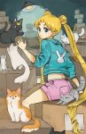  animal_print aqua_jacket bangs bishoujo_senshi_sailor_moon black_cat blonde_hair blue_eyes box box_stack brown_cat bunny_print bunny_symbol cardboard_box cat closed_mouth commentary crescent cropped_jacket double_bun english_commentary from_behind grey_cat indoors jacket lamp light long_hair long_sleeves looking_at_viewer looking_back luna_(sailor_moon) midriff multiple_cats orange_cat pink_shorts shorts sitting sleeves_pushed_up solo sooyun_choi stretch tsukino_usagi twintails very_long_hair white_cat 