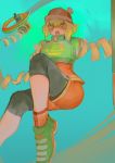  arms_(game) bangs beanie black_legwear blonde_hair green_eyes green_footwear hair_between_eyes hat highres leggings mao2_(lastnightgoodnight) min_min_(arms) open_mouth orange_hat orange_shorts ramram_(arms) shoes short_hair shorts solo teeth zipper_pull_tab 