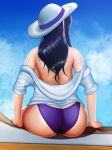  1girl aethosart ass back bare_shoulders bikini butt_crack caitlyn_(league_of_legends) cloud curvy female from_behind hat highres hips huge_ass league_of_legends long_hair outdoors pool_party_caitlyn sitting sky solo swimsuit wide_hips 