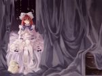  bird bow crescent curtains deathsmiles dress hair_bow highres indoors long_hair long_sleeves looking_at_viewer on_bed owl pantyhose red_eyes red_hair sitting solo star white_bow white_dress white_footwear white_legwear windia_(deathsmiles) zhixie_jiaobu 