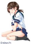  black_legwear blue_skirt blush brown_eyes brown_hair crying crying_with_eyes_open ebifurya eyebrows_visible_through_hair highres kantai_collection lifted_by_self long_hair looking_at_viewer miniskirt no_panties no_shoes open_mouth sailor_collar school_uniform serafuku shirayuki_(kantai_collection) short_sleeves simple_background skirt skirt_lift solo tears twintails white_background 