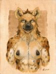  2018 amber_eyes black_nose breasts brown_fur clothed clothing female fur hyena looking_at_viewer mammal mohawk muscular nipples scale_(artist) smile spots spotted_hyena topless traditional_media_(artwork) whiskers 