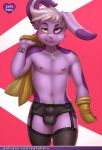  anthro blush briefs brown_eyes bulge clothed clothing crossdressing fur garter_belt garter_straps gloves lagomorph legwear male mammal navel nipples purple_fur rabbit solo stockings tattoo thigh_highs topless underwear zeta-haru 