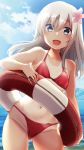  alternate_costume ass_visible_through_thighs bangs beach bikini blue_eyes blue_sky blush cloud collarbone commentary_request cowboy_shot day eyebrows_visible_through_hair flower hair_between_eyes hair_flower hair_ornament highres holding kantai_collection lifebuoy long_hair looking_at_viewer nagami_yuu navel ocean one-piece_tan open_mouth outdoors red_bikini ro-500_(kantai_collection) sky smile solo standing string_bikini sunlight swimsuit tan tanline thighs water white_hair 