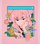  artist_name black_eyes cup drink drinking_glass flower head_on_hand long_hair looking_at_viewer meyoco original pink_background pink_flower pink_hair portrait simple_background solo white_flower window window_(computing) 