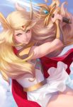  blonde_hair blue_eyes cape fantasy headgear highres long_hair masters_of_the_universe pauldrons red_cape she-ra she-ra_and_princesses_of_power shorts shorts_under_skirt skirt stanley_lau sword sword_of_protection weapon 