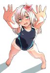  alternate_costume armpits arms_up bangs blue_eyes blush competition_swimsuit covered_navel eyebrows_visible_through_hair flower full_body hair_between_eyes hair_flower hair_ornament kantai_collection legs long_hair looking_at_viewer one-piece_swimsuit one-piece_tan open_mouth ro-500_(kantai_collection) satsuki_neko simple_background smile solo standing swimsuit tan tanline thighs white_background white_hair 