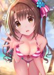  arm_support bangs bent_over bikini blurry blush bow breasts brown_eyes brown_hair collarbone commentary_request day depth_of_field eyebrows_visible_through_hair hair_between_eyes hair_bow hair_ornament highres idolmaster idolmaster_cinderella_girls large_breasts left-handed long_hair looking_at_viewer one_side_up open_mouth outdoors shimamura_uzuki smile solo strap_pull striped striped_bikini swimsuit thigh_gap thighs u_rin 
