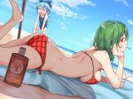  ass asutora bare_arms bare_shoulders barefoot beach bikini billy_herrington billy_herrington_(cameo) blue_bow blue_hair blue_sky blue_swimsuit blush bottle bow breasts cameo chin_rest cirno cloud cocktail_glass commentary cup day drinking_glass dutch_angle eyebrows_visible_through_hair gachimuchi green_hair hair_bow hand_up ice ice_wings kazami_yuuka large_breasts leg_up lying mouth_hold multiple_girls name_tag nose_blush ocean on_stomach one-piece_swimsuit open_mouth plaid plaid_bikini red_bikini red_eyes sand shadow shiny shiny_skin short_hair side-tie_bikini sky standing sweat swimsuit thighs touhou translated umbrella wings 