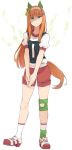  1girl animal_ears bangs blunt_bangs collarbone commentary disgust ear_covers eyebrows_visible_through_hair full_body green_eyes gym_shirt gym_shorts gym_uniform hairband highres horse_ears horse_girl horse_tail long_hair looking_at_viewer orange_hair puffy_short_sleeves puffy_sleeves red_shorts scowl shaded_face shirt short_sleeves shorts silence_suzuka simple_background socks standing t-shirt tail umamusume white_background white_hairband white_legwear 