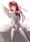  angel_wings bow brown_eyes deathsmiles doran_(dorannomai) dress highres long_hair looking_at_viewer red_hair simple_background sitting solo white_bow white_dress white_legwear white_wings windia_(deathsmiles) wings 