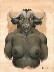  2018 amber_eyes big_breasts black_fur bovine breasts buffalo cape_buffalo clothed clothing female fur horn looking_at_viewer mammal muscular nipples scale_(artist) topless traditional_media_(artwork) water_buffalo 