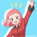  :d arm_up bad_id bad_pixiv_id blue_background brown_eyes clenched_hand commentary epaulettes girls_und_panzer jacket kakuzatou_(boxxxsugar) long_sleeves looking_at_viewer military military_uniform notice_lines open_mouth raised_fist red_hair red_jacket rosehip short_hair silhouette simple_background smile solo st._gloriana's_military_uniform standing twitter_username uniform upper_body 